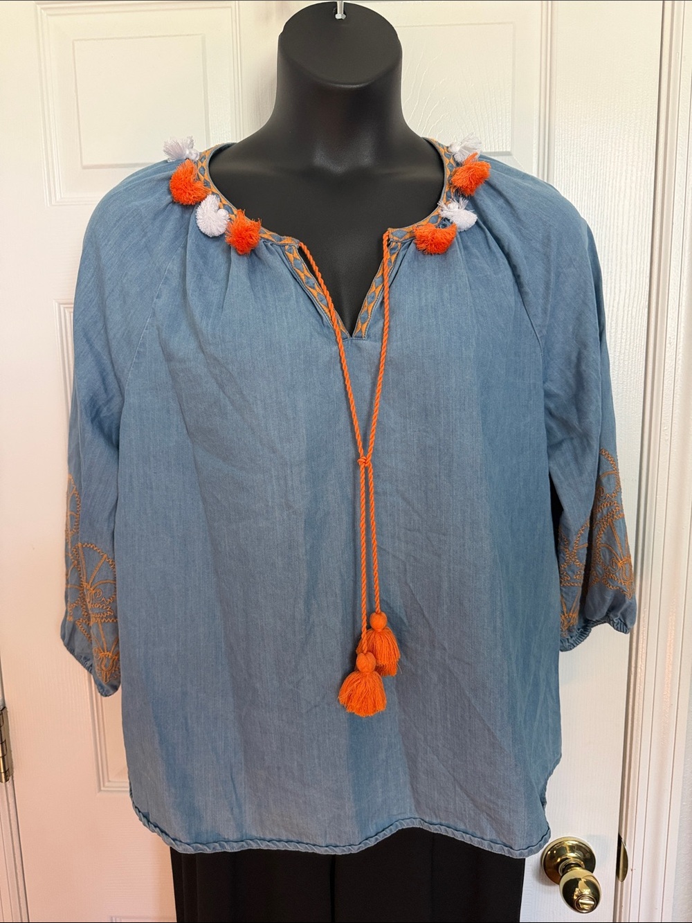 crown & ivy Blue Chambray Tunic with Orange Pom Tassels